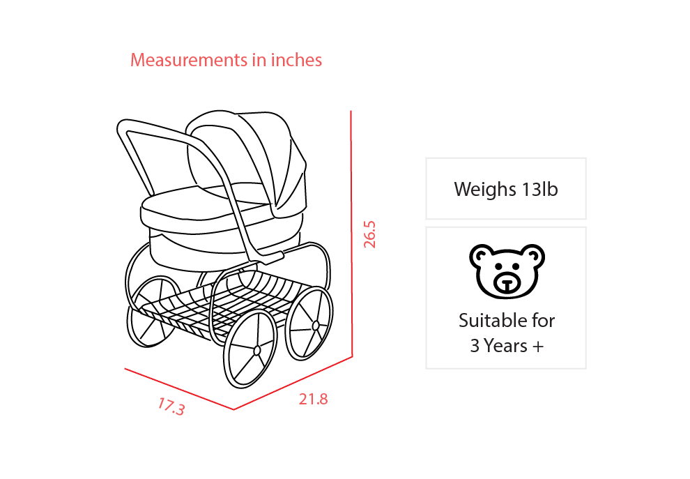 The Valco Doll Stroller from Mega babies is suitable for children aged 3 years plus.